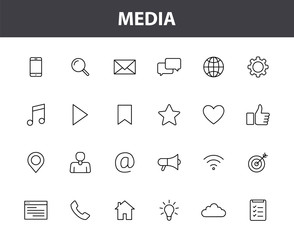Set of 24 Media web icons in line style. Social, networks, feedback, communication, marketing, thumb up. Vector illustration.