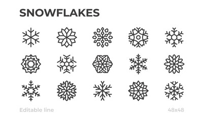 Vector snowflakes icons for winter, Christmas and New Year decoration. Editable stroke.