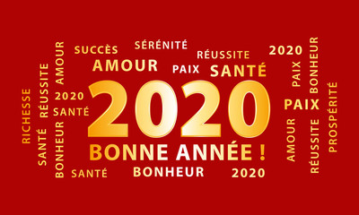 Bonne année 2020. Bannière 2020 rouge et dorée. Meilleurs vœux en français.