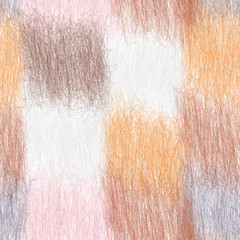 Seamless checkered pattern with grunge weave square elements in pastel brown, orange, pink, white colors