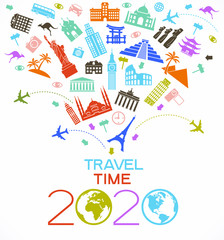 2020 travel and tourism background. Colorful template with icons and tourism landmarks. Creative happy new year 2020 design. New Year background.  File is saved in 10 EPS version.