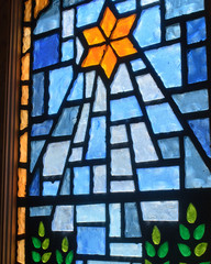 Church stained glass window representing a religious star shining on the earth with unique tall green trees.
