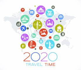2020 travel and tourism background. Colorful template with icons and tourism landmarks. Creative happy new year 2020 design. New Year background.  File is saved in 10 EPS version.
