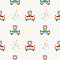 Seamless Patter with cute bear driving a car in the white backdrop