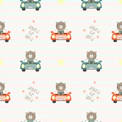 Wallpaper murals Animals in transport Seamless Patter with cute bear driving a car in the white backdrop