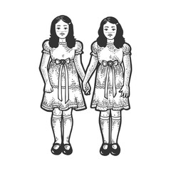 Twins girls like in horror movie sketch engraving vector illustration. T-shirt apparel print design. Scratch board imitation. Black and white hand drawn image.