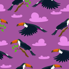 Seamless pattern with toucans and clouds on a purple background. Vector graphics.