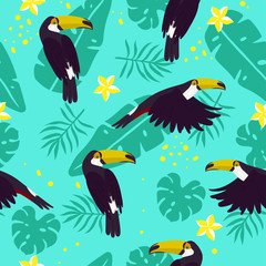Seamless pattern with toucans, plumeria and tropical leaves. Vector graphics.