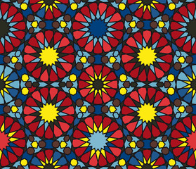 Stained glass window seamless pattern. Repeating islamic geometric ornament. Moroccan motif print. 