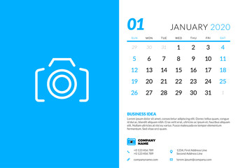 Desk calendar template for January 2020. Week starts on Sunday. Typographic design template. Vector illustration