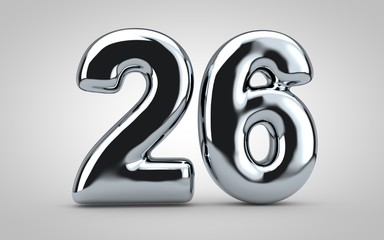 Chrome balloon number 26 isolated on white background.