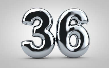 Chrome balloon number 36 isolated on white background.