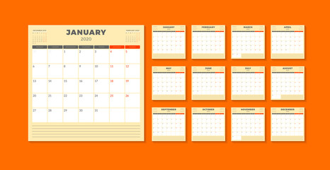 Calendar planner template for 2020 year. Week starts on Monday. Printable vector stationery design template