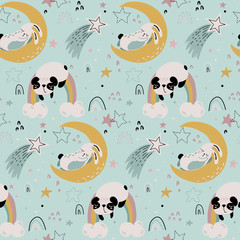 Vector seamless pattern with cute animals fliyng and sleeping on moon and rainbow.