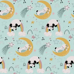 Wallpaper murals Sleeping animals Vector seamless pattern with cute animals fliyng and sleeping on moon and rainbow.