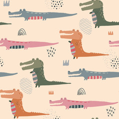 Vector seamless pattern with cute funny crocodiles in abstract scandinavian style