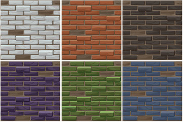 Set old brick wall seamless background. Different color brick textures collection. Vector illustration stones wall. Seamless pattern