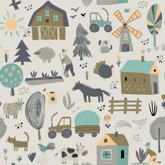 Vektornahtloses Muster mit niedlichen handgezeichneten Nutztieren, Bäumen, Häusern, Traktor, Mühle. © Andrei