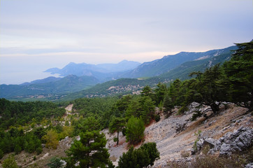View to Mediterranean sea coast from mountains on Lycian Way in Taurus mountains. Antalya province, Ukraine.