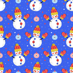Snowmen with christmas tree toys vector flat hand drawn seamless pattern.  Christmas, New Year background. Paper, fabric print. 