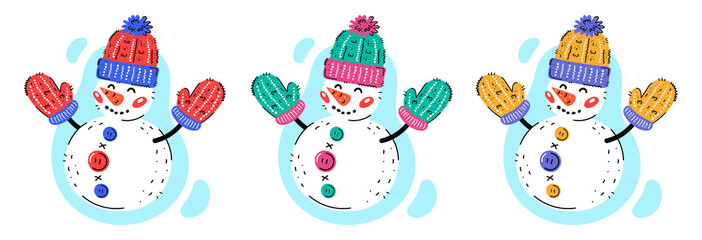 Snowmen with woolen knitted hat and mittens vector hand drawn clipart. Colorful snowmen. Christmas, New Year clipart, design elements. 