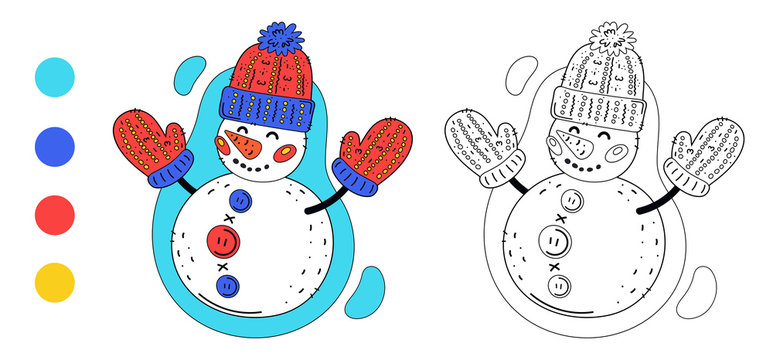 Coloring page outline of cartoon cute snowman with knitted hat and mittens. Monochrome and colored versions. Coloring book for kids. Vector drawing.