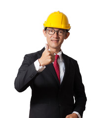 senior engineer showing the thumb up sign while holding his other hand in his pocket and smiling at the camera. isolated on white background.