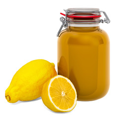 Jar of Lemon Jam with lemons, 3D rendering