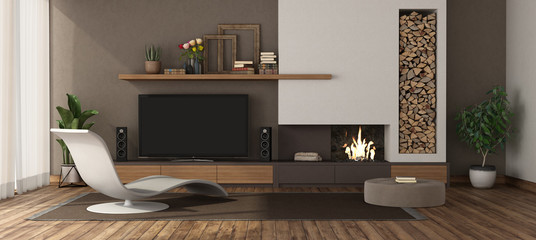 Modern living room with fireplace and tv set