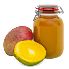 Jar of Mango Jam with mangos, 3D rendering