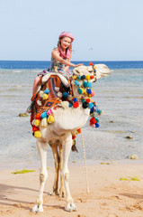 beautiful young girl riding a camel on a seascape background
