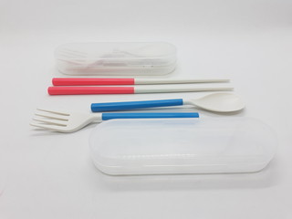 Beautiful Cute Luxury Modern Plastic Ceramics Folded Compact Detachable Eating Cutlery Spoon Fork Packaging for Dining Kitchen Appliances in White isolated Background