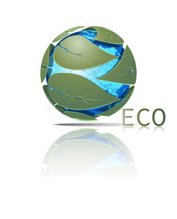 Eco 3D spheres global globe with green leaf. Logo Design.  Vector illustration.