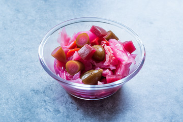 Turkish Mixed Pickles with Cabbage, Cucumber, Beet and Cucumber in Glass Bowl.