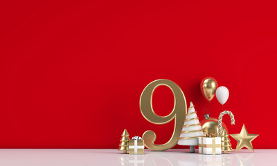The 12 days of christmas. 9th day festive background. 3D Render
