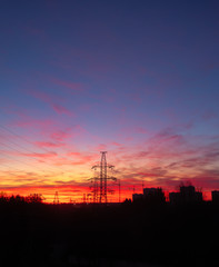 Power lines on a pink sky background. Sunrise over the forest