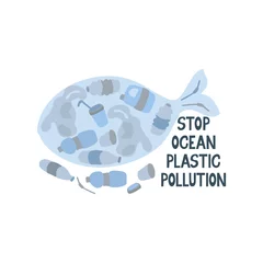 Store enrouleur Baleine Arrêtez la pollution plastique des océans. Lettrage et silhouette de baleine pleine de déchets en plastique - bouteilles, sacs, tasses, pailles, filets de pêche, bidons. Affiche écologique. Illustration vectorielle isolée sur blanc.