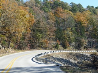 Beautiful colorful trees along a curbing paved road in Arkansas