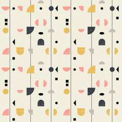 Abstract geometric vector seamless pattern inspired by mid-century modern fabrics. Simple shapes and lines in retro pastel colors and textured background. Clipping mask is used for easy editing. 