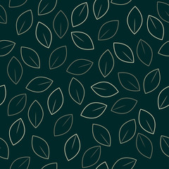 Colorful light line drawing leaves on dark green background. Seamless spring pattern.