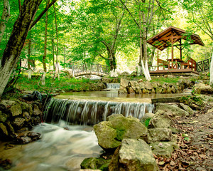 wooden gazebo near a mini waterfall