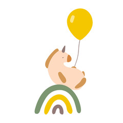 Unicorn with a balloon isolated vector illustration. Cute baby style and nice colors. - 306881134