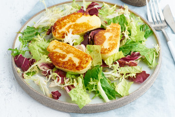 Cyprus fried halloumi with healthy salad. Lchf, pegan, fodmap, paleo, scd, keto, ketogenic diet. Balanced food, clean eating recipe. Close up, white background, side view
