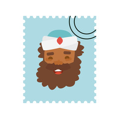 King Baltasar postage stamp. Christmas ornament isolated vectorized. Magi, wise man