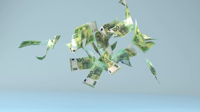 Fliegende Euroscheine vor blauem Hintergrund, 4k Video DNxHR