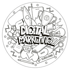 Digital marketing illustration in round. Includes text and many different social icons. Black and white objects. Digital agency background. For use in posters, banners, advertising, headers, websites.