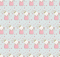 Seamless pattern with cute rabbit in vector. artoon little happy bunny girl. Vintage hand drawn. Kawaii funny animal. Children s holiday background. Illustration in pastel delicate colors.