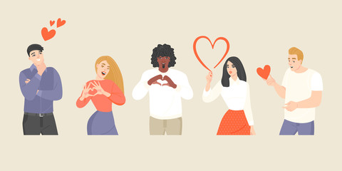 Set of vector illustrations of young people showing hearts with gestures or dreaming of love.
