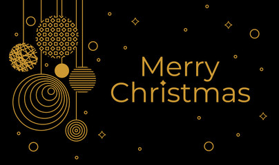 Fototapeta na wymiar Merry Christmas Card With Golden Christmas Toys on black background . Lettering Composition With Snowflakes. Holiday Vector Illustration With Copy Space..