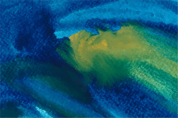 Fototapeta na wymiar Blue and yellow splash watercolor texture vector background. Hand drawn azure touches, green blobs